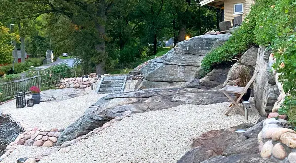 En vacker stenlagd uteplats med grusgångar, stenmurar och trappor som leder upp mot ett hus. En inspiration för en naturlig och robust utomhusmiljö.