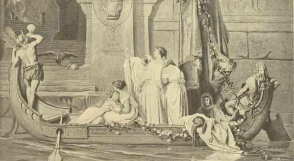 Scène de la mythologie grecque : Thésée, vainqueur du Minotaure, arrive en bateau. Des femmes pleurent, un taureau orne un monument.