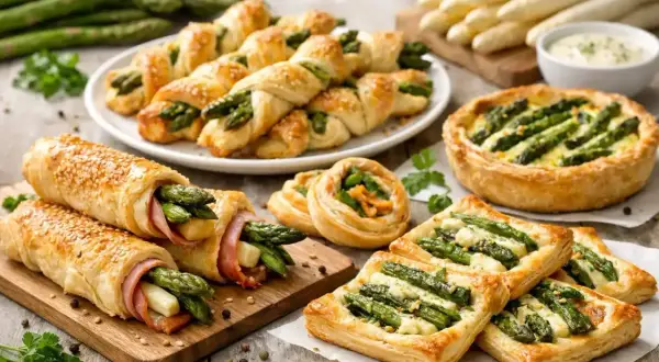 Leckere Spargel Rezepte: Blätterteigröllchen mit Schinken, Spargel-Quiche und Spargel-Tartelettes.