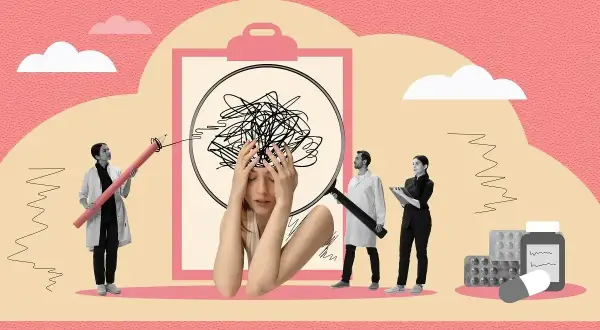 Stygmatyzacja zdrowia psychicznego. Kobieta zdezorientowana, lekarze analizują jej stan, a obok leki.