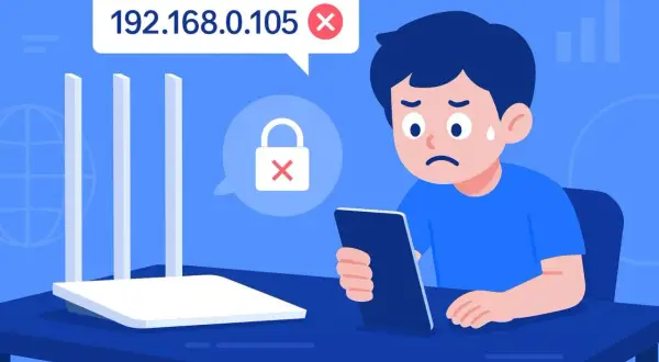 Chłopiec martwi się, bo widzi "192.168.0.105" z czerwonym krzyżykiem. Co oznacza wykrzyknik przy zasięgu sieci? Problem z połączeniem.