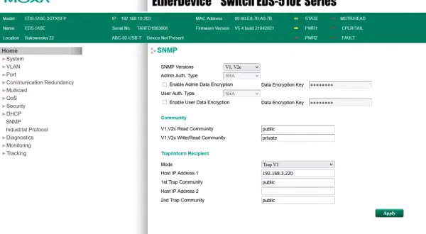 Konfiguracja SNMP dla urządzenia EtherDevice™ Switch EDS-510E. Ustawienia wersji, uwierzytelniania i społeczności SNMP.