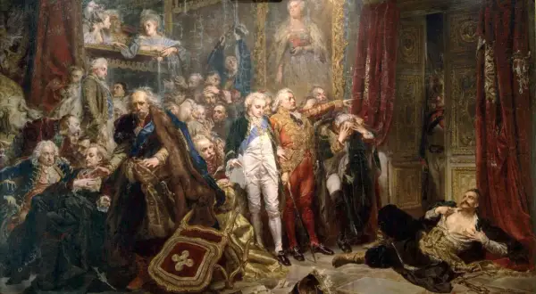 Scena dramatyczna przedstawiająca upadek Rzeczypospolitej. Postacie w historycznych strojach, chaos i rozpacz.