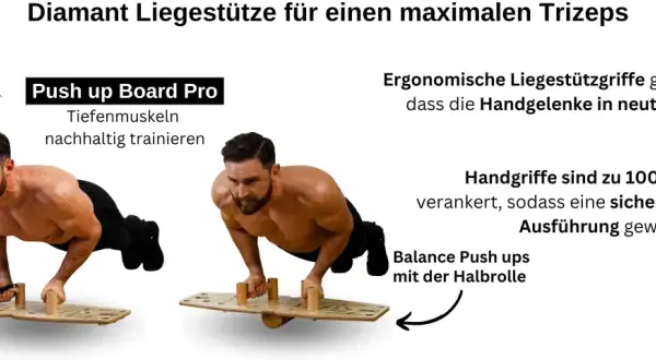 Mann macht Diamant Liegestütze auf einem Balance Board für maximalen Trizeps-Trainingserfolg.