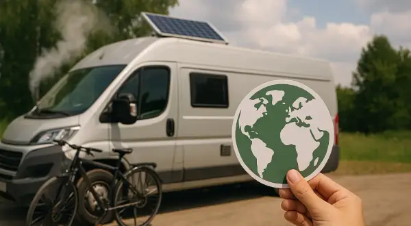 En hand håller upp en jordglob framför en vit husbil med solpanel. En cykel står parkerad bredvid. Hela scenen andas frihet och van life.