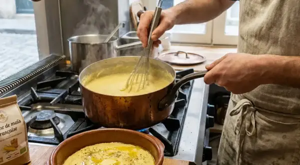 Un chef prépare une recette de polenta crémeuse, fouettant la semoule dans une casserole en cuivre sur le feu. Une autre portion de polenta, arrosée d'huile d'olive, est prête dans un plat en terre cuite.