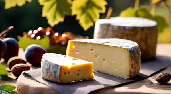 Un délicieux banon fromage, avec des prunes, des noix et des raisins, sous des feuilles d'automne.