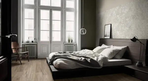 Camera da letto con parquet dai toni caldi, letto basso e pareti con texture floreale.