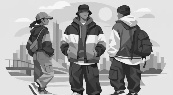 Trzy osoby w miejskiej scenerii, ubrane w luźne bluzy, kurtki i spodnie cargo. To właśnie streetwear – styl uliczny, który definiuje swobodę i indywidualność.