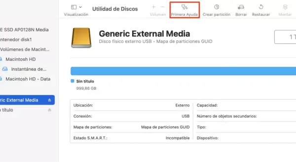 El disco duro externo "Generic External Media" no detecta el disco, aparece como "Incompatible" en Utilidad de Discos.