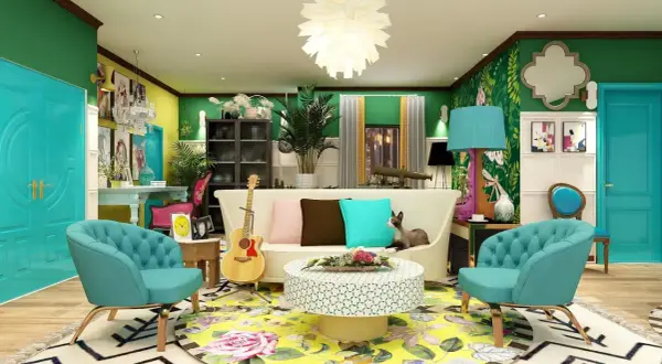 A vibrant, eclectic living room in a friends apartment, featuring teal chairs, a white sofa with colorful pillows, a guitar, and a cat lounging.