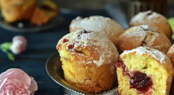 Puszyste muffinki z dżemem, posypane cukrem pudrem, kuszą swoim domowym wyglądem.
