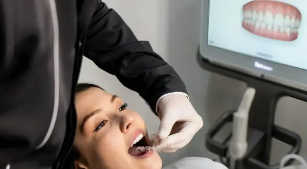 Dentysta pomaga pacjentce z kruche zęby jak wzmocnić, zakładając jej przezroczysty aparat ortodontyczny. Na ekranie widać wizualizację uzębienia.