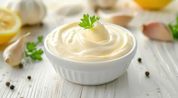 Mayonesa casera hecha en Thermomix, cremosa y deliciosa, con ingredientes frescos como limón y ajo.