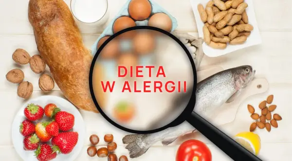 Produkty spożywcze, takie jak ryba, jajka, orzechy, truskawki i pieczywo, pod lupą z napisem "Dieta w alergii".
