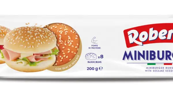 Opakowanie mini bułek do burgerów Roberto z sezamem, z widocznymi dwoma bułeczkami z nadzieniem.