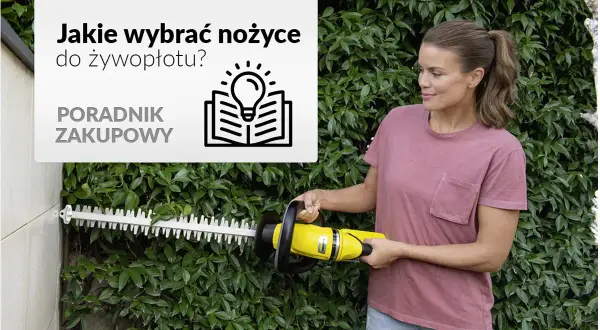 Kobieta z żółtymi nożycami do żywopłotu przycina zielony żywopłot. Poradnik zakupowy podpowie, jakie wybrać.