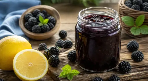 Frische Brombeeren, Zitrone und ein Glas selbstgemachte Brombeeren-Marmelade. Perfekt zum Brombeeren einkochen.
