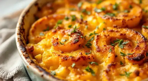 Un délicieux gratin de butternut aux rondelles dorées et persil frais, servi dans un plat en céramique.