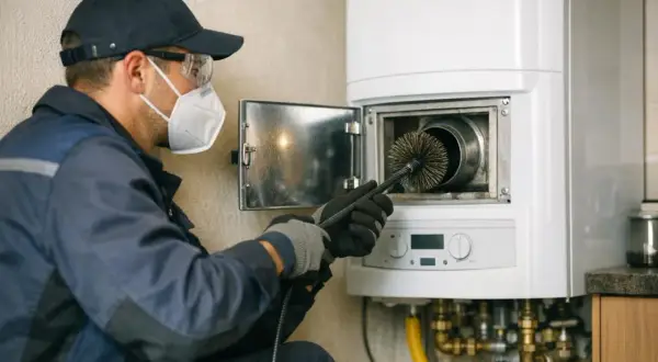 Technicien masqué effectuant le ramonage d'une chaudière à gaz avec une brosse.