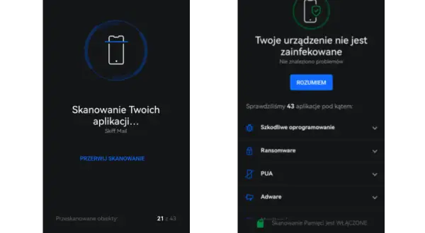 Skan telefonu w aplikacji Skiff Mail. Urządzenie czyste, nie znaleziono zagrożeń. Sprawdzono 43 aplikacje.