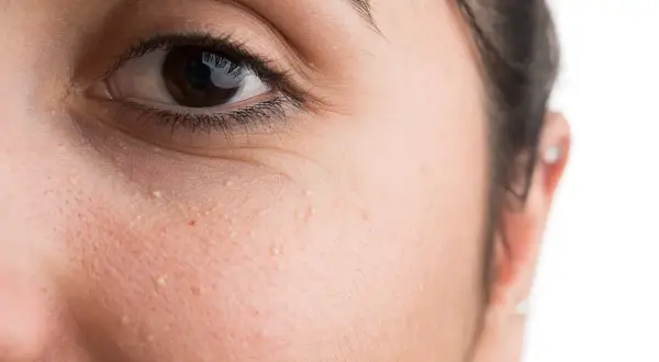 Nahaufnahme des Gesichts einer Frau mit kleinen, weißen Pickelchen, die als grain de milium bekannt sind, unter dem Auge.