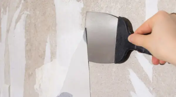 Maintenant, il faut enlever la moquette collée sur béton. Une spatule métallique décolle le revêtement mural.