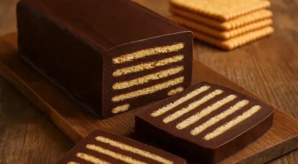 Schokoladenkuchen mit Butterkeksen, ein klassisches Kalter Hund DDR Rezept.