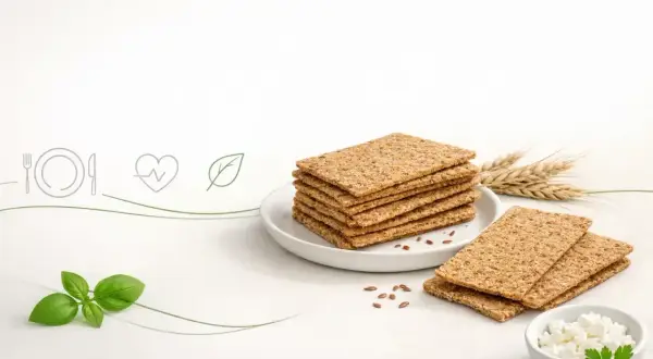 Stos chrupkiego pieczywa, ser biały, bazylia i kłosy zbóż. Czy pieczywo chrupkie jest zdrowe? Tak, to zdrowa przekąska.