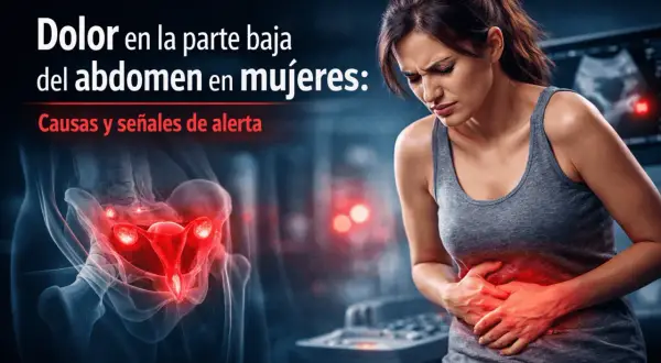 Mujer con dolor abdominal bajo, mostrando la zona afectada. Ilustración de órganos pélvicos en rojo.