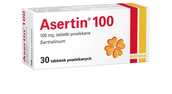 Opakowanie leku Asertin 100 mg, zawierającego sertralinę, stosowanego w leczeniu depresji i innych schorzeń. Zoloft to nazwa handlowa tego typu leku.