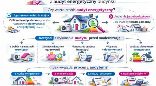 Schemat wyjaśnia ulgę termomodernizacyjną i audyt energetyczny budynku. Pokazuje korzyści, proces i rozliczenie ulgi.