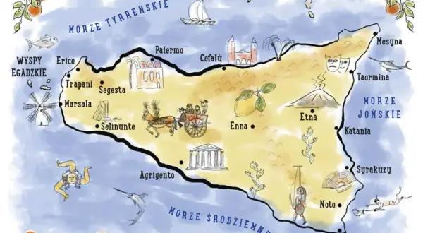 Mapa Sycylii z zaznaczoną Etną, Palermo, Taorminą i innymi atrakcjami. Widać też morza otaczające wyspę.