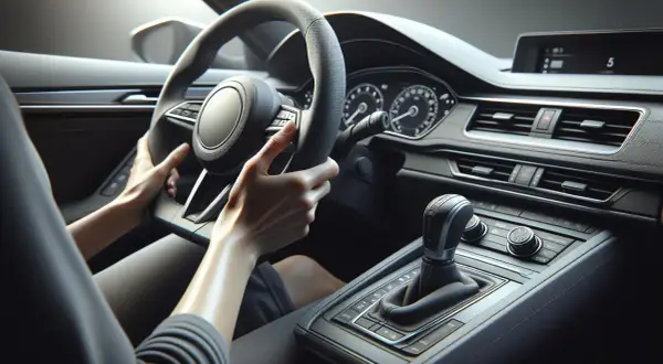 Mani sul volante di un'auto moderna. Il cruscotto è visibile, con cambio automatico e display. Chissà quanto tempo ho per fare la revisione prima di doverla portare dal meccanico.