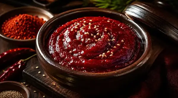 En skål med mörk, röd chilipasta, strödd med sesamfrön. Ingredienser för ett ponzu recept syns i bakgrunden.