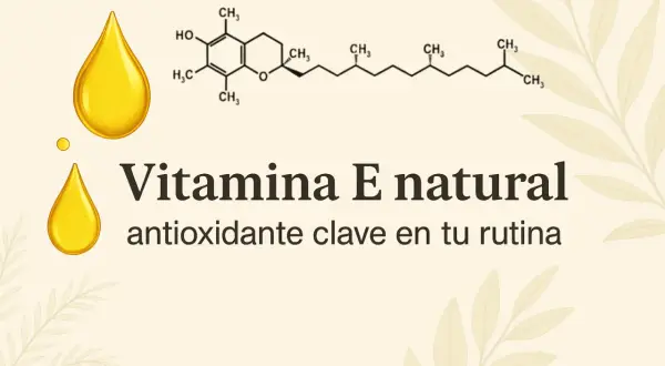 Gota dorada y fórmula química de la vitamina E. "Vitamina E natural, antioxidante clave en tu rutina" resalta su uso cosmético.