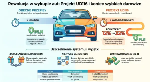 Zmiany w przepisach dotyczących darowizn aut. Czy darowiznę samochodu trzeba zgłosić do urzędu skarbowego? Nowe zasady projektu UD116 wprowadzają okres oczekiwania 3 lata.
