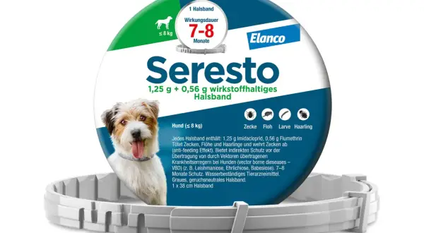Seresto Halsband für Hunde bis 8 kg mit dem Wirkstoff Imidacloprid und Flumethrin. Bietet 7-8 Monate Schutz vor Zecken, Flöhen und Haarlingen.