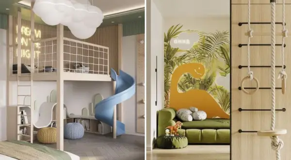 Tableau chambre bébé à faire soi-même : un lit mezzanine avec toboggan bleu et une jungle de dinosaures avec mur d'escalade.