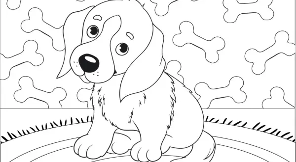 Lindos dibujos de perritos para imprimir, listos para colorear. Un tierno cachorro sentado entre huesos.