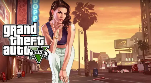 Kobieta w stylu retro posyła całusa na tle miasta. Logo Grand Theft Auto V sugeruje datę wydania gry.