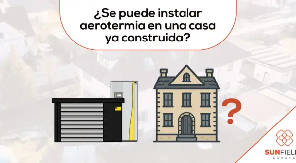 ¿Es posible instalar aerotermia en una casa ya construida? Ilustración de una unidad exterior y una casa, con un gran signo de interrogación.