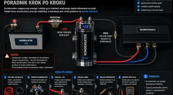 Schemat pokazuje, jak podłączyć dwa wzmacniacze w samochodzie, instalując kondensator car audio. Poradnik krok po kroku wyjaśnia połączenie akumulatora, bezpiecznika, kondensatora i wzmacniacza.