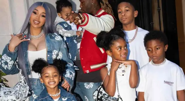 Cardi B z rodziną: mężem, dwójką dzieci i trójką pasierbów.