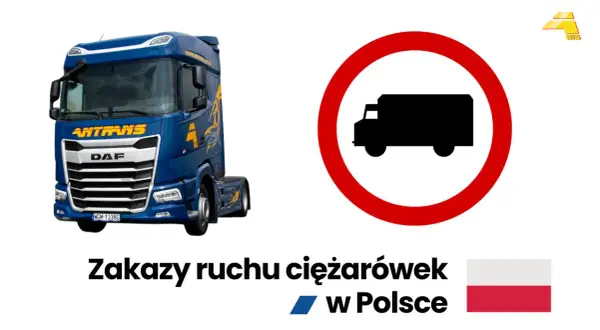Niebieska ciężarówka DAF obok znaku zakazu ruchu dla ciężarówek i polskiej flagi.