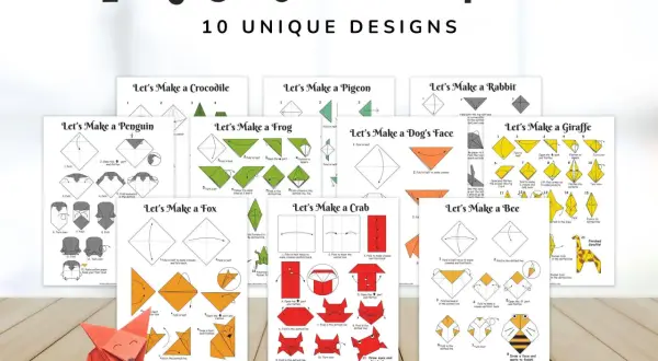 Zestaw instrukcji "Easy Origami for Kids" pokazuje, jak krok po kroku tworzyć zwierzątka z papieru.