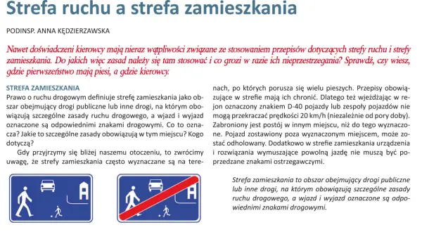 Znak D-40 oznacza strefę zamieszkania, gdzie piesi mają pierwszeństwo, a pojazdy nie mogą przekraczać 20 km/h.