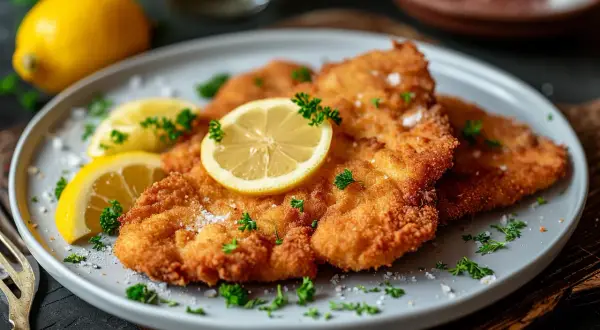 Goldbraunes Wiener Schnitzel, garniert mit Zitronenscheiben und Petersilie, auf einem grauen Teller.