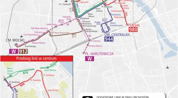 Mapa Warszawy z zaznaczonymi trasami autobusów 912, 944, 970 i 980.