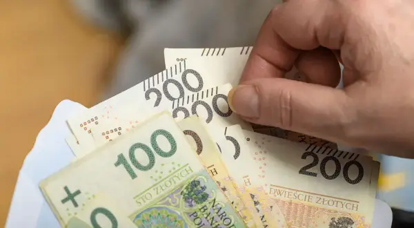 Dłoń trzyma polskie banknoty 100 i 200 zł. Wkrótce renta wdowia 2026.
